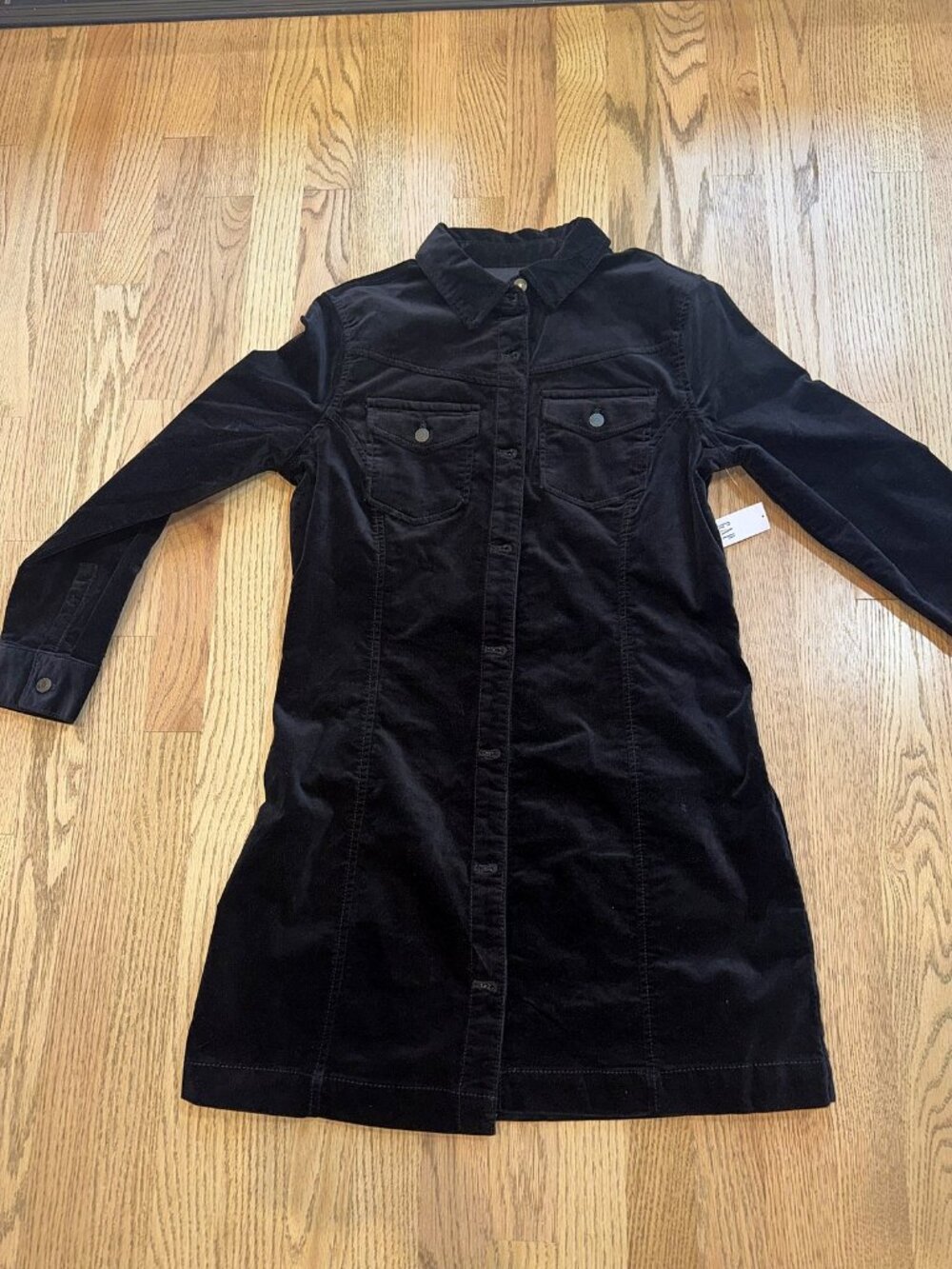 NWT Gap Black Velvet Button Front Shirt Dress Long Sleeve Size M